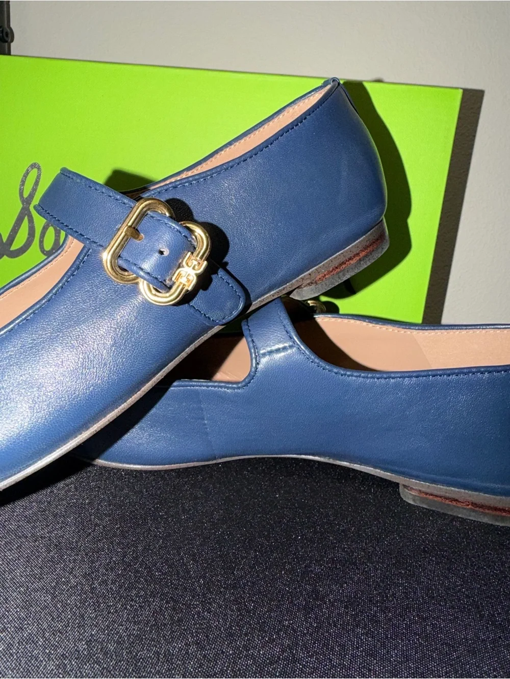 Sam Edelman “Michaela” Blue Leather Mary Jane Flats with Gold Buckle